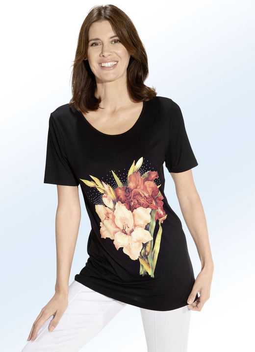 Shirts - Lang shirt met contrastprint in 2 kleuren, in Größe 038 bis 054, in Farbe ZWART Ansicht 1