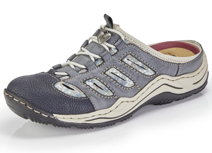 Sport- & vrijetijdsschoenen - Rieker, klassieke damesklompen, met elastische decoratieve vetersluiting, in Größe 036 bis 043, in Farbe JEANSBLAUW/BEIGE Ansicht 1