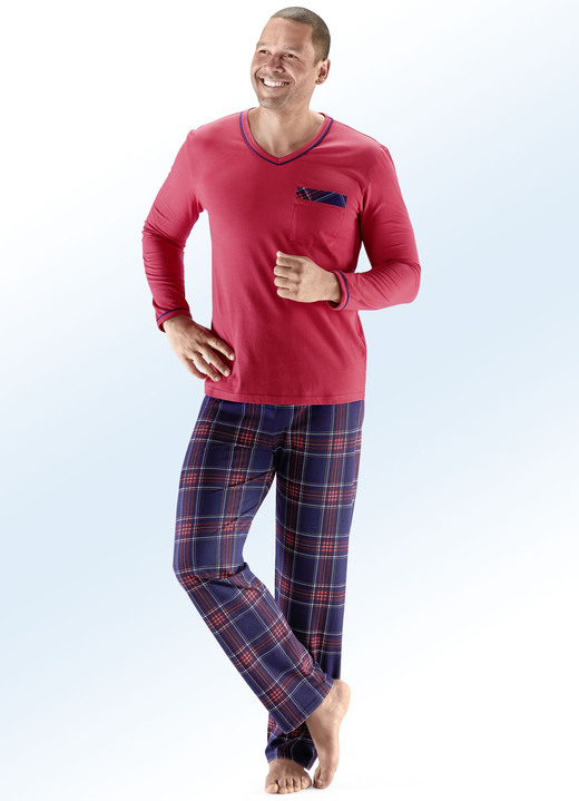 - Pyjama met V-hals en opgezet borstzakje, in Größe 046 bis 060, in Farbe ROOD-MARINE-MEERKLEURIG