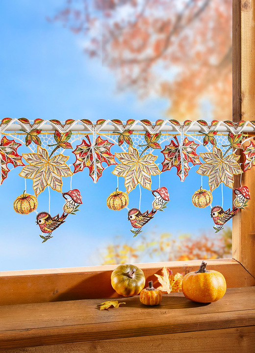 Korte gordijnen - Paaldecoratie herfstbladeren gemaakt van echt Plauenkant, in Größe 628 (H21 x 48 cm) bis 654 (H21xB96 cm), in Farbe MULTICOLOR Ansicht 1