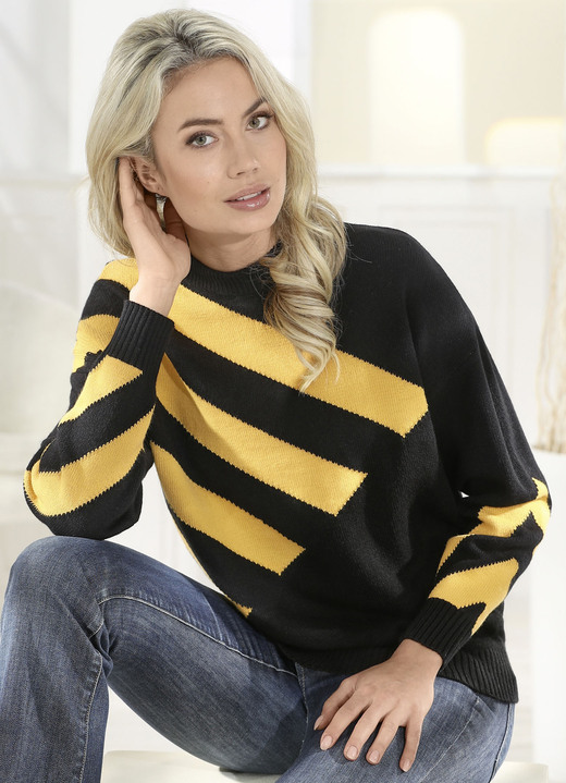 Lange mouw - Intarsia trui, in Größe 036 bis 052, in Farbe ZWART-GEEL Ansicht 1