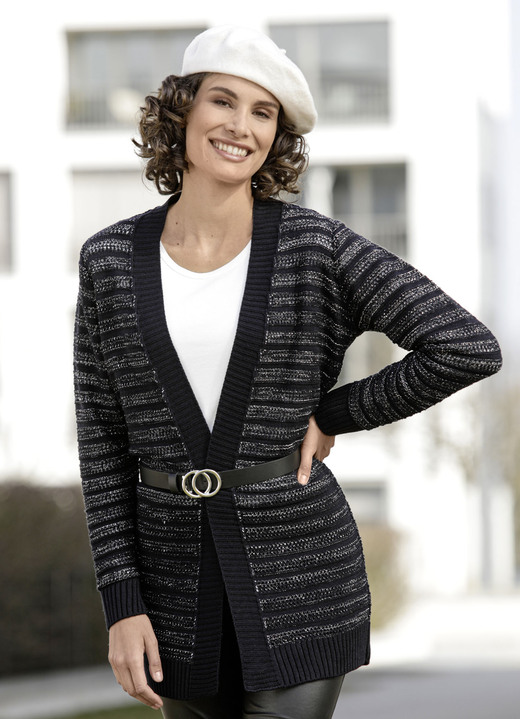 Truien & vesten - Lang vest met glitters, in Größe 038 bis 052, in Farbe MARINE-ZILVER