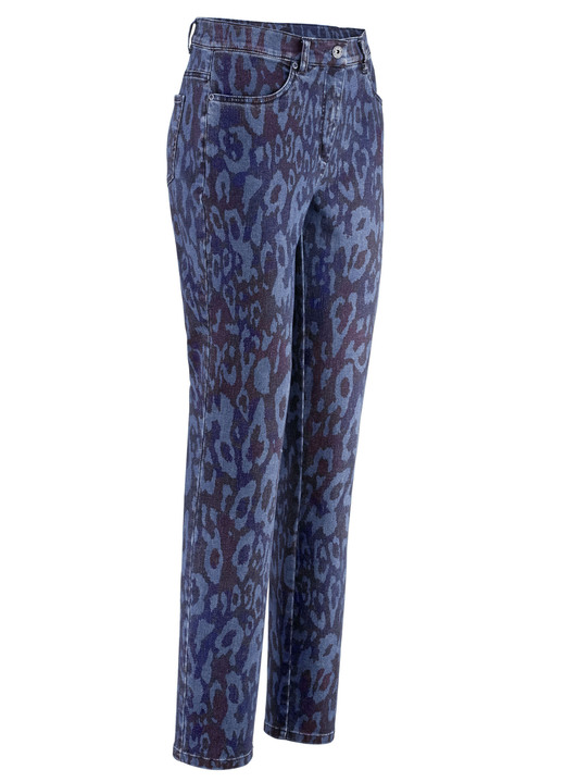 Broeken - Jeans met trendy dierenbontdessin, in Größe 017 bis 052, in Farbe DONKERBLAUWE JEANS BLAUW-BORDEAUX Ansicht 1