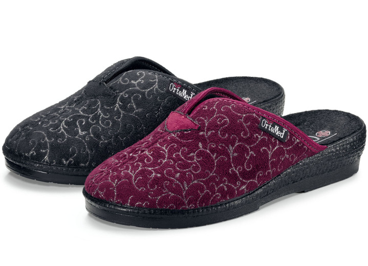 Huisschoenen - Tweepack klassieke damespantoffels, breedte H, met bedrukt veloursmateriaal, in Größe 036 bis 042, in Farbe 1x BORDEAUX 1x ZWART