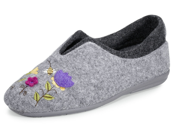 Huisschoenen - Laurina, klassieke damespantoffels, breedte G, met fantasierijk motiefborduurwerk, in Größe 036 bis 042, in Farbe GRIJS-MEERKLEURIG Ansicht 1