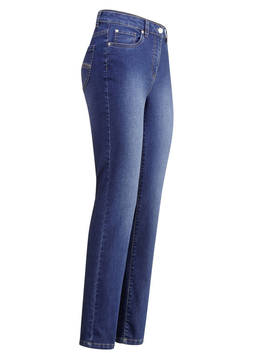 Broek met knoop- en ritssluiting - Jeans met mooie borduursels en fonkelende strass steentjes, in Größe 017 bis 052, in Farbe JEANSBLAUW Ansicht 1