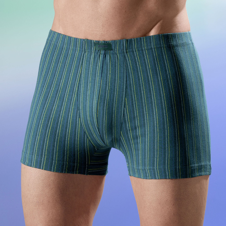 Pants & boxershorts - Set van vier broeken met elastische tailleband, in Größe L bis XXL, in Farbe 1x DONKERGROEN GESTREEPT, 1x GRIJS GESTREEPT, 1x UNI MARINE, 1x UNI ZWART