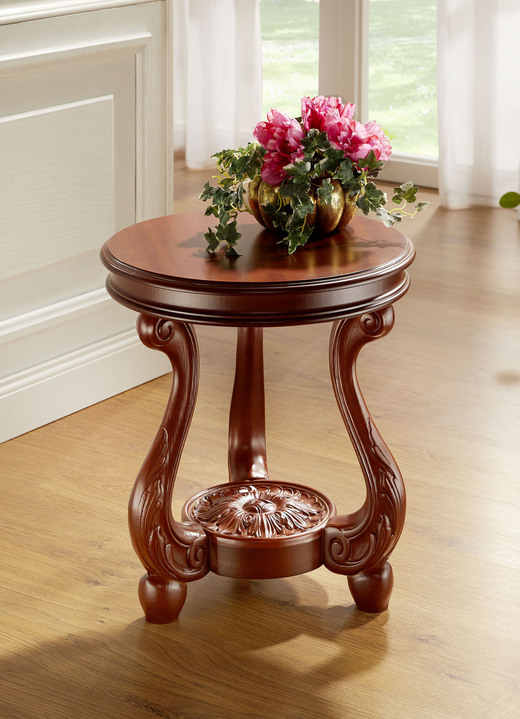 Tafels - Beukenhouten bijzettafel met snijwerk, in Farbe NOTENBOOM