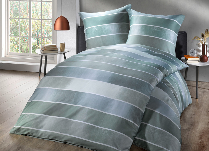 Beddengoed - Beddengoedset met blokstreepdessin, in Größe 112 (80/80 cm + 135/200 cm) bis 115 (80/80 cm + 155/220 cm), in Farbe JADE Ansicht 1