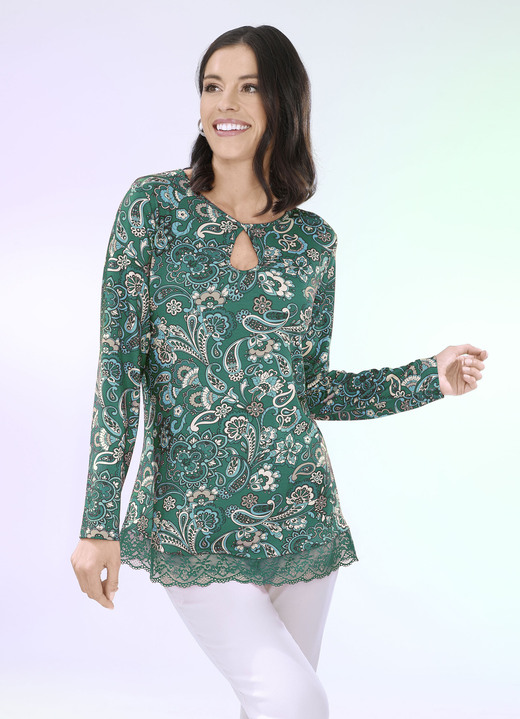 Shirts - Shirt met interessante halslijnverwerking in 2 kleuren, in Größe 034 bis 052, in Farbe GROENE BENZINE Ansicht 1