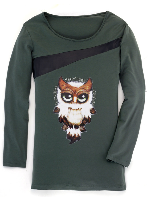 Shirts - Overhemd met zwarte imitatie nappa leren inzet in 2 kleuren, in Größe 036 bis 054, in Farbe OLIJF Ansicht 1