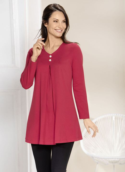 Longshirts - Lang shirt met stolpplooien vooraan in 2 kleuren Longshirts - Lang shirt met stolpplooien vooraan in 2 kleuren, in Größe 038 bis 056, in Farbe ROOD