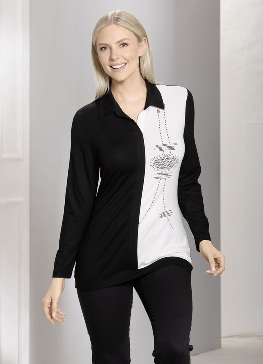 Shirts - Poloshirt met effectieve bordversiering, in Größe 036 bis 048, in Farbe ZWARTE ECRU