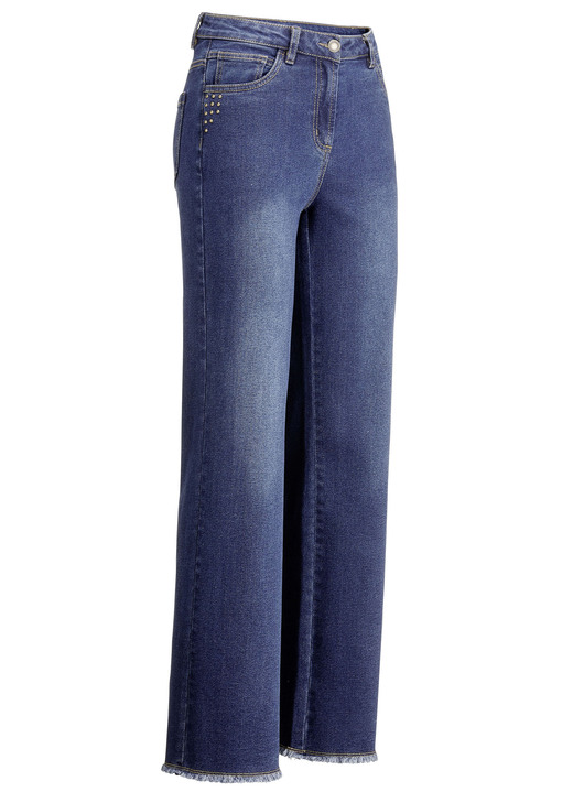 Broeken - Jeans met trendy franjes aan de zoom, in Größe 017 bis 050, in Farbe DONKERBLAUW Ansicht 1
