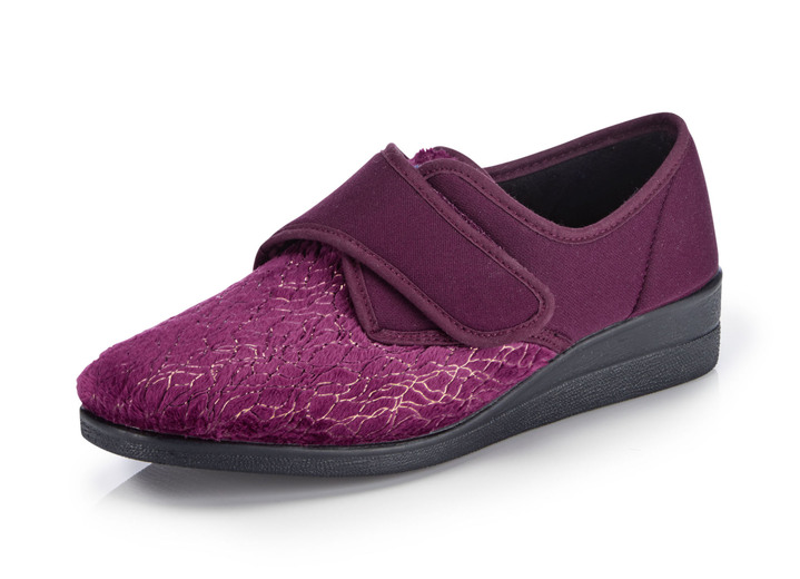 Huisschoenen - Laurina, klassieke damesschoenen met klittenband, met elastisch fluweel, in Größe 036 bis 042, in Farbe BORDEAUX Ansicht 1