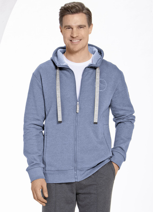 - Sweatjack met capuchon in 2 kleuren, in Größe 3XL(58) bis XXL (56), in Farbe ROOKBLAUW GEMÊLEERD