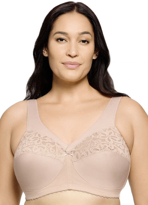 BH zonder beugel - Glamorise steunbeha met geborduurd kant, in Größe 080 bis 130, in Cup F, in Farbe HUIDKLEURIG Ansicht 1
