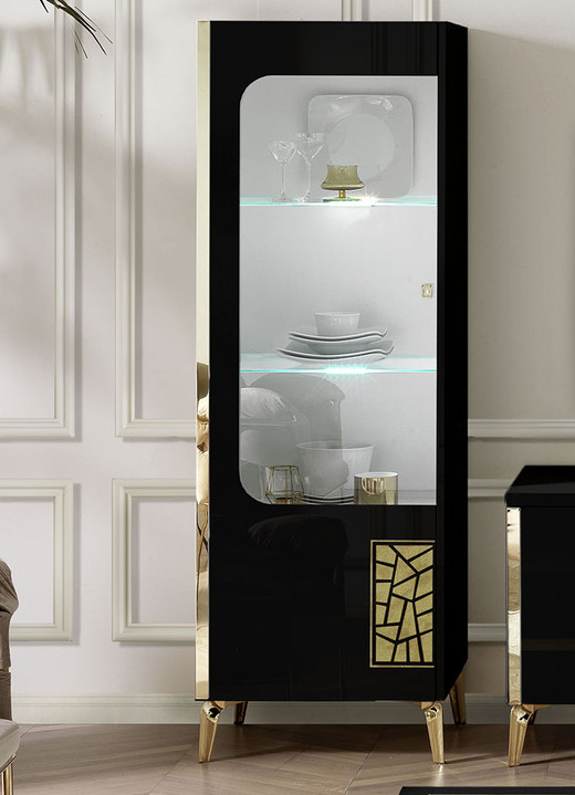 TV- en Hifi-meubels - Meubelserie met LED-verlichting, in Farbe ZWART-GOUD, in Ausführung Vitrine, 1-deurs, links Ansicht 1