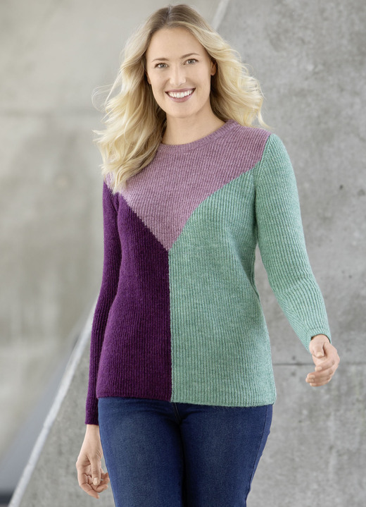 Lange mouw - Trui van zeer zachte kwaliteit, in Größe L(44/46) bis XS (32/34), in Farbe AUBERGINE-ROSÉ-MINT