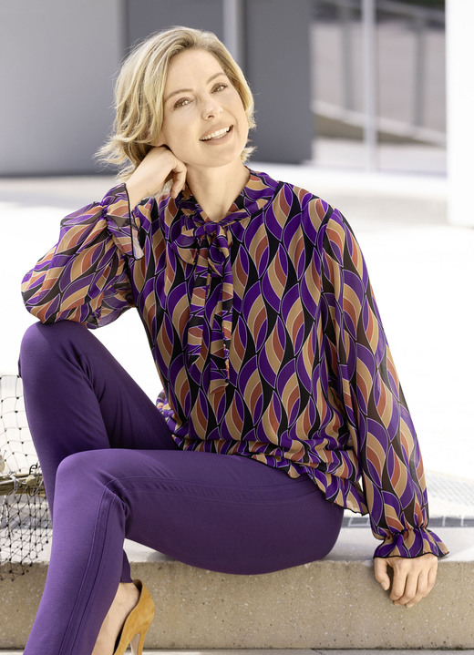 Lange mouw - Prachtige blouse met strikbandjes, in Größe 036 bis 046, in Farbe ZWART-PAARS-CAMEL Ansicht 1