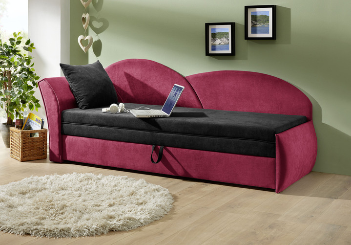 Slaap sofa`s - Slaapbank met bedkast en 1 sierkussen, in Farbe ZWART-ROOD, in Ausführung Armleuning links Ansicht 1