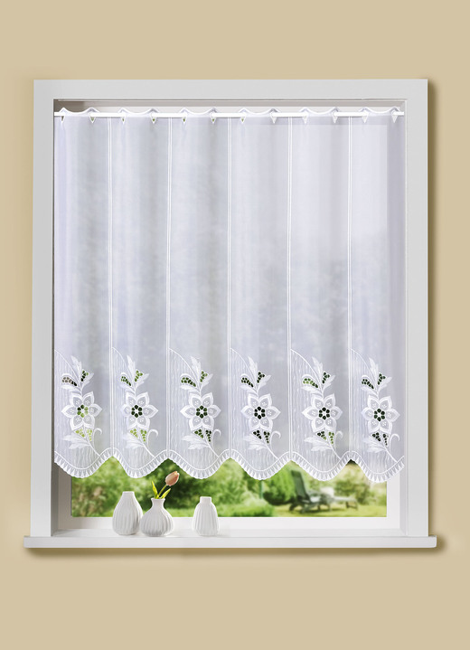 Korte gordijnen - Korte vitrage met echt Plauener kant, in Größe 856 (60 x 95 cm) bis 884 (90 x 160 cm), in Farbe WIT