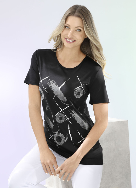 Shirts met strass steentjes - Shirt met zilveren contrastprint, in Größe 036 bis 052, in Farbe ZWART Ansicht 1