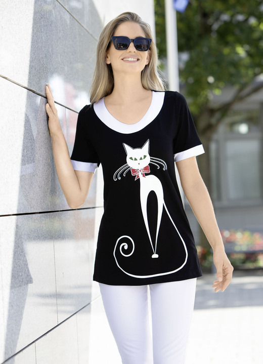 Longshirts - Lang shirt met kattenmotief, in Größe 038 bis 056, in Farbe SCHWARZ