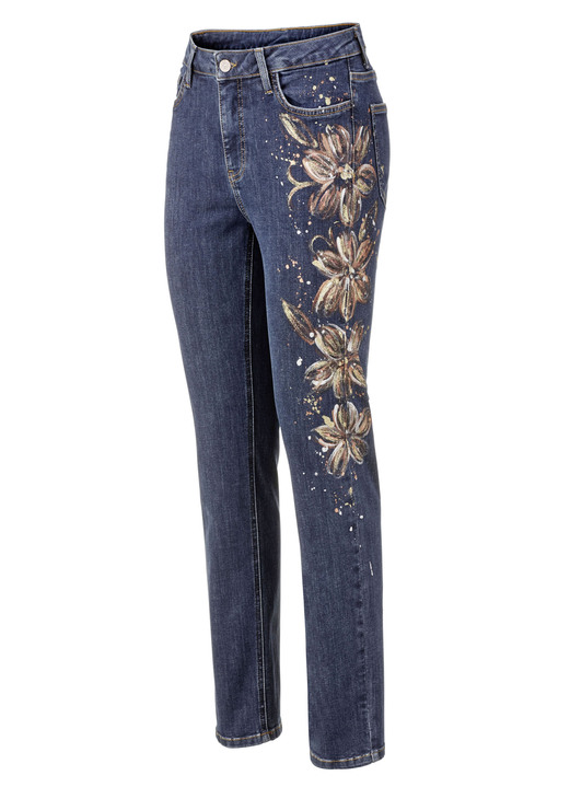 Broek met knoop- en ritssluiting - Elegante jeans met handgeschilderde bloemmotieven, in Größe 017 bis 052, in Farbe DONKERBLAUW Ansicht 1