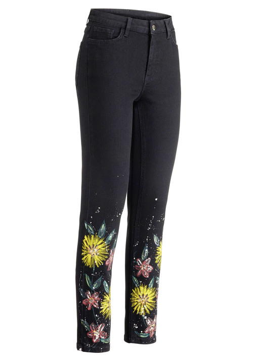 Broek met knoop- en ritssluiting - Jeans met handgeschilderde bloemmotieven, in Größe 017 bis 052, in Farbe ZWART Ansicht 1