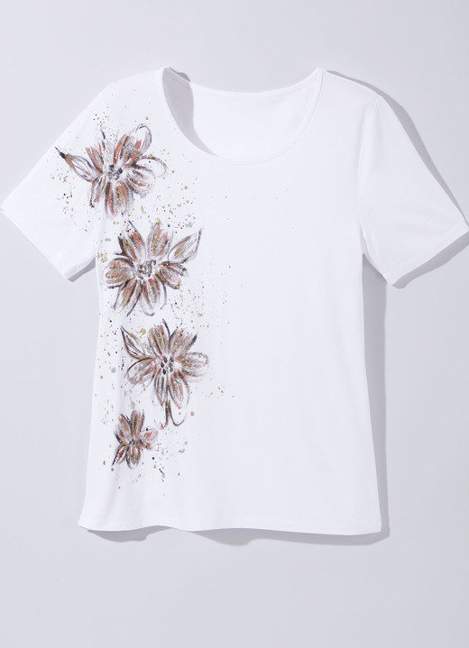Korte mouw - Shirt met handgeschilderd glitterornament, in Größe 036 bis 052, in Farbe WIT Ansicht 1