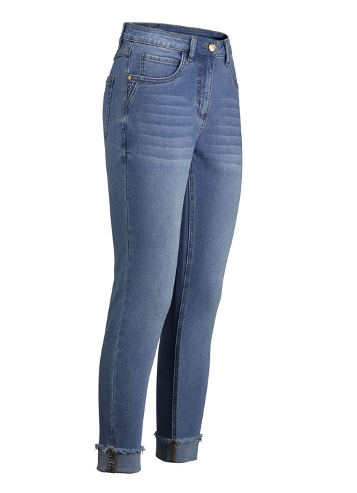 Broek met knoop- en ritssluiting - Jeans met sprankelende strass-versiering, in Größe 017 bis 050, in Farbe JEANSBLAUW Ansicht 1