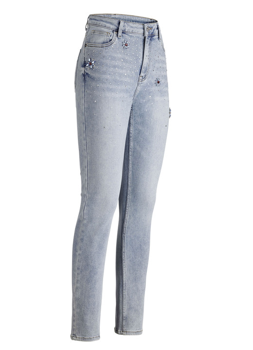 Broek met knoop- en ritssluiting - Jeans met strassversiering en glanzende bloemmotieven, in Größe 017 bis 050, in Farbe LICHTBLAUW Ansicht 1