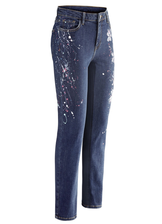 Broek met knoop- en ritssluiting - Jeans met handgeschilderde bloemmotieven, in Größe 017 bis 052, in Farbe DUNKELBLAU Ansicht 1