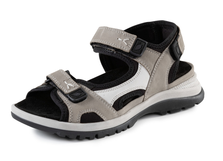 Sandalettes & slippers - Ranger sandaal gemaakt van nubuckleer en zwart textielmateriaal, in Größe 4 1/2 bis 9, in Farbe TAUPE-ECRU Ansicht 1
