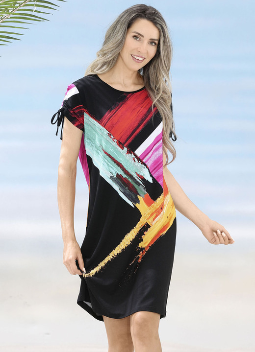 Strandjurken - Laurina-jurk met inkjetprint en plooibare mouwen, in Größe 036 bis 054, in Farbe SCHWARZ-BUNT