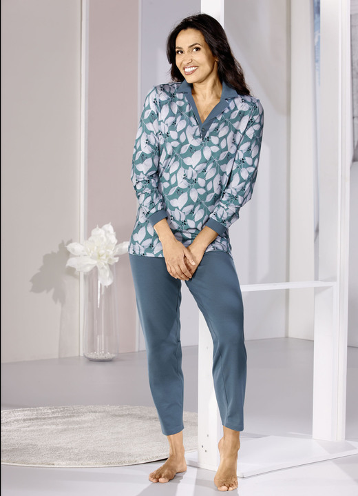 Pyjama's & shorties - Pyjama, lange mouwen met één knoopsluiting en manchetten met knopen, in Größe 036 bis 054, in Farbe PETROL-SALBEI