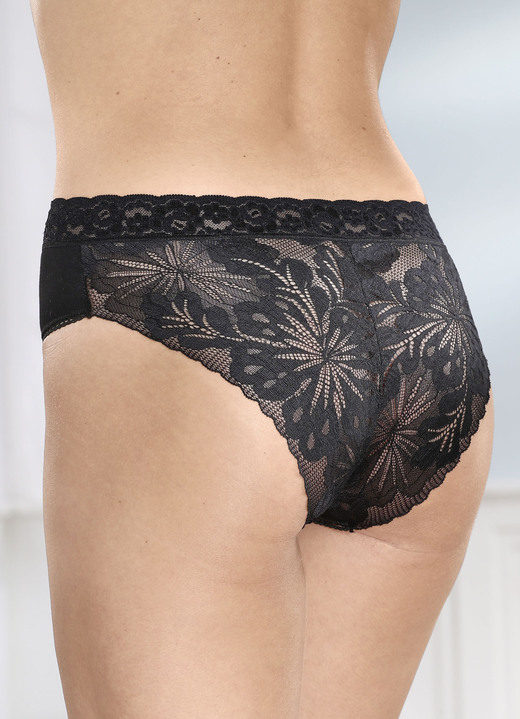 Hot dessous - Drie-pack slip met gebloemde elastische kanten achterkant, in Größe 036 bis 048, in Farbe SCHWARZ Ansicht 1