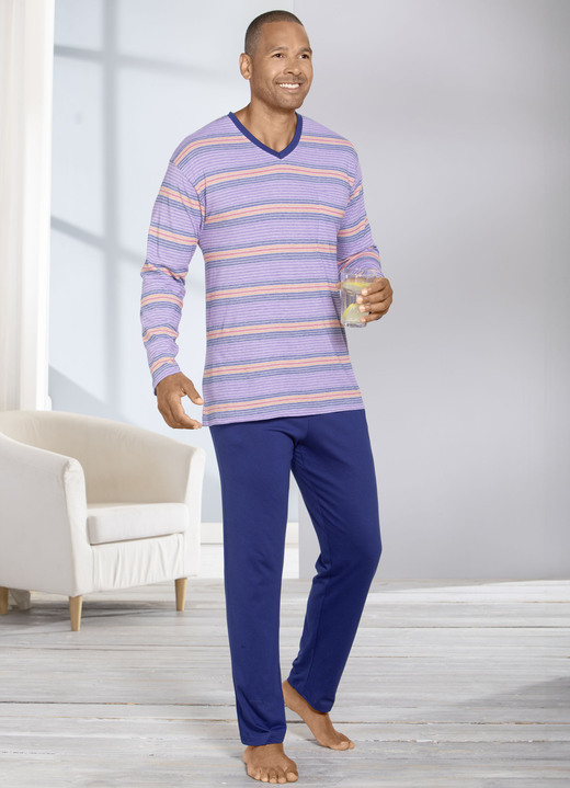 Pyjamas - Pyjama met V-hals en open boorden aan de pijpen, in Größe 046 bis 062, in Farbe LILAC-MARINE-COLOURFUL Ansicht 1