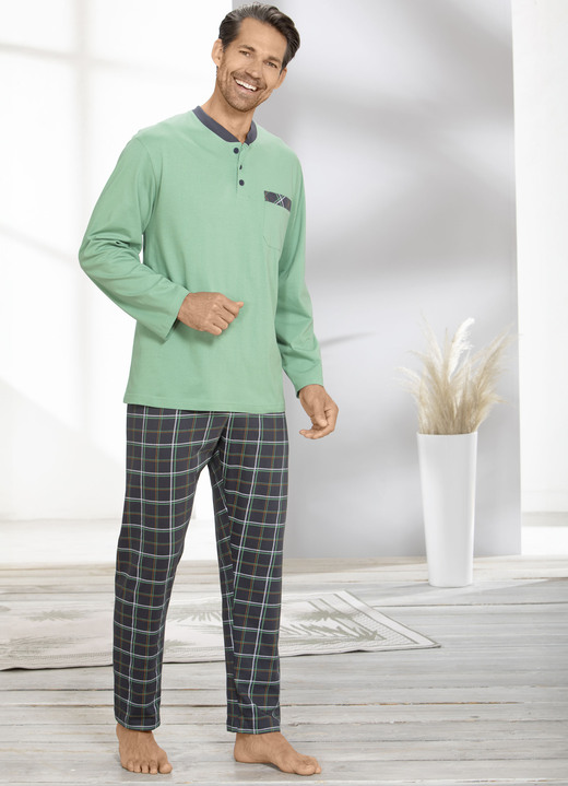Pyjamas - Pyjama met knoopsluiting en open manchetten, in Größe 046 bis 062, in Farbe GROEN-GRIJS Ansicht 1