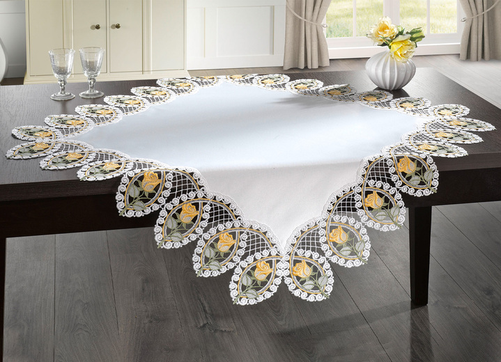Woontextiel - Tafelkleed gemaakt van echt Plauenkant, in Größe 102 (Läufer oval, 45/ 78 cm) bis 404 (Kussensloop, 40/40 cm), in Farbe SEKT Ansicht 1