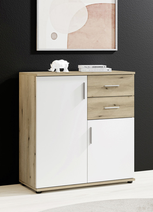 Meubels - Moderne, combinatiesterke ladekast, in Farbe EICHE-WEISS, in Ausführung 2-türig, mit 2 Schubladen Ansicht 1
