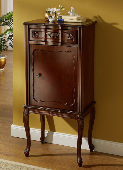 Bureaumeubels - Deels massieve meubelserie met artistieke houten decoraties, in Farbe NOTENBOOM, in Ausführung Commode, 1 deur Ansicht 1