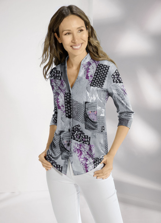 3/4-mouw - Overhemdblouse met knoopsluiting, in Größe 036 bis 052, in Farbe GRIJS-ROSÉ-KLEURRIJK