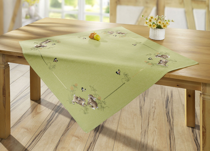Woontextiel - Tafel- en kamerdecoratie met hazenmotieven, in Größe 101 (Kleedje, 35/50 cm) bis 404 (Kussensloop, 40/40 cm), in Farbe GRÜN Ansicht 1