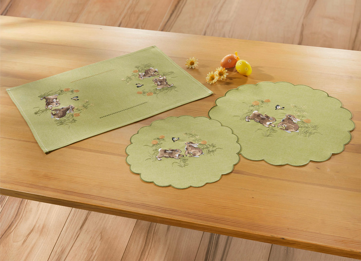 Woontextiel - Tafel- en kamerdecoratie met hazenmotieven, in Größe 101 (Kleedje, 35/50 cm) bis 404 (Kussensloop, 40/40 cm), in Farbe GRÜN Ansicht 1