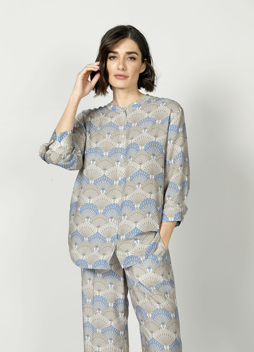 3/4-mouw - Lange blouse met harmonieuze print, in Größe 038 bis 052, in Farbe BLAU-TAUPE Ansicht 1