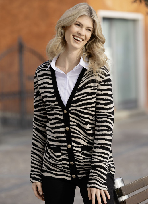 Gebreide jasjes - Vest in jacquarddessin, in Größe 038 bis 054, in Farbe SCHWARZ-BEIGE MELIERT Ansicht 1