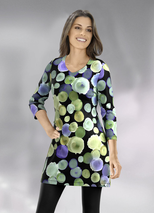 3/4-mouw - Lang shirt met schitterende all-over print, in Größe 038 bis 052, in Farbe ZWART-PAARS-GROEN