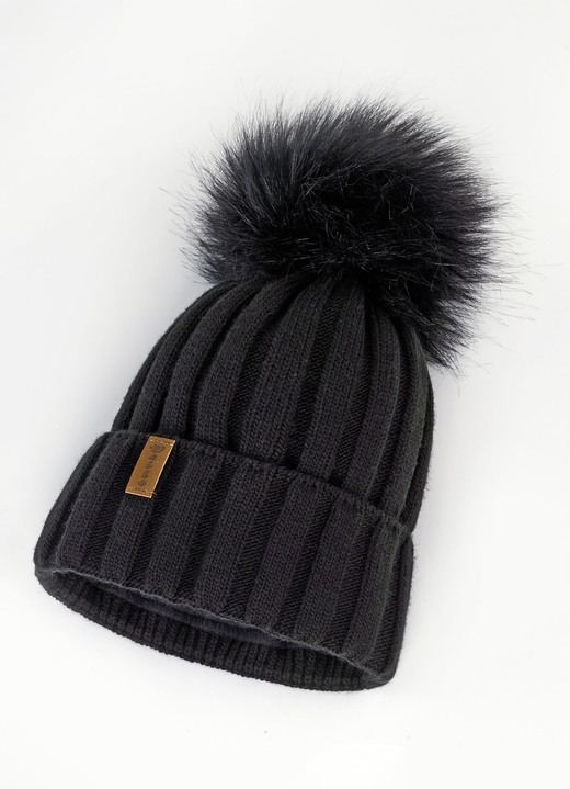 Mutsen & hoeden - Trendy dameshoed met brede manchet en imitatiebont pompon, in Farbe ZWART Ansicht 1